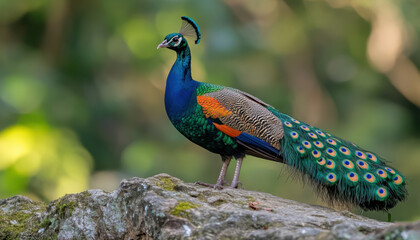 Obraz premium vibrant peacock stands gracefully rock, showcasing its stunning plumage and long tail feathers. colorful display captivates with shades of blue, green, and gold, set against blurred natural