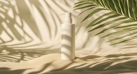 Mockup of an all-white skincare product tube laying on sand with soft shadows cast from palm leaves