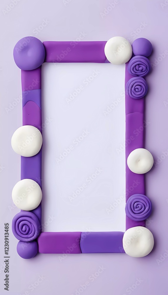 Poster a vibrant rectangular frame made from play dough, featuring an array of white and purple circular an