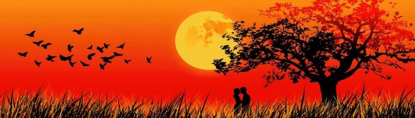 Sunset romance Couple kissing under tree, birds flying, orange sky. Ideal for romance, love, nature themes