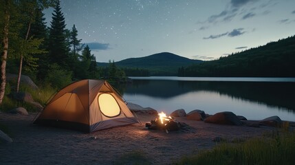 Serene Camping Scene by a Lake Under Starry Sky at Dusk in Natural Wilderness