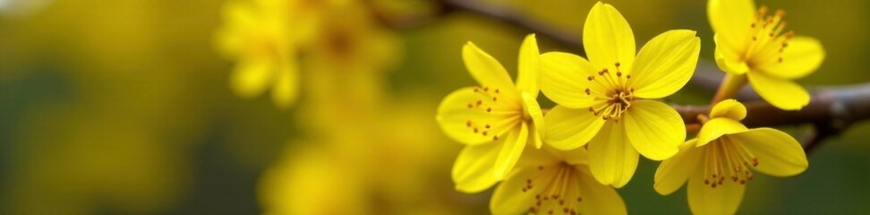 Yellow flowers blooming on a forsythia bush in early spring, blossoms, garden flowers, spring