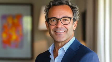 Portrait of a Smiling Middle Aged Man in a Blue Suit