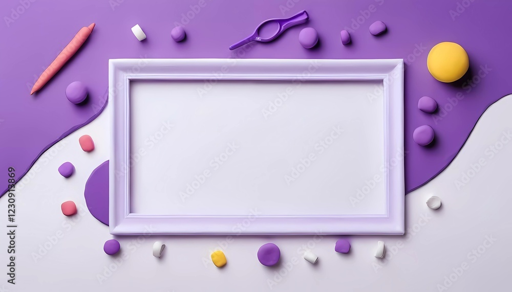 Poster a decorative layout showcases a white rectangular frame surrounded by colorful play doh pieces on a 
