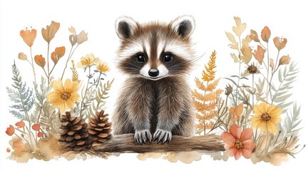 Obraz premium Adorable raccoon surrounded by forest elements. Generative AI