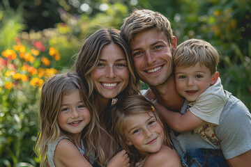 Fototapeta premium Family posing for a picture in a garden surrounded by colorful flowers and lush greenery on a sunny day