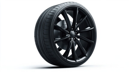 sleek black car wheel with modern design, showcasing its intricate spokes and smooth tire surface. This captures essence of automotive engineering and style