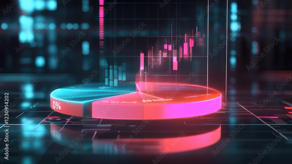 Poster a transparent d pie chart with floating segments, displayed against a dark, futuristic backdrop, wit