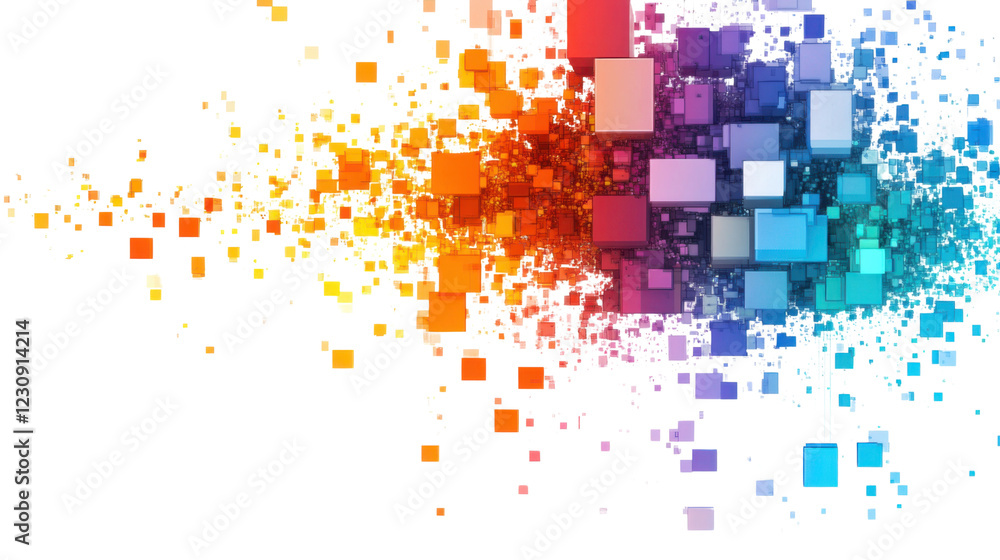Poster colorful cubes exploding and dissolving into pixels on transparent background