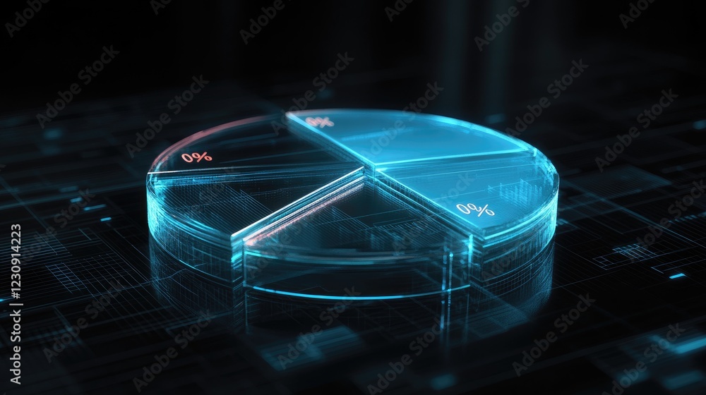 Poster a transparent d pie chart with floating segments, displayed against a dark, futuristic backdrop, wit