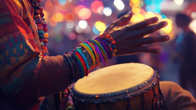A passionate musician plays the drums at a lively festival.