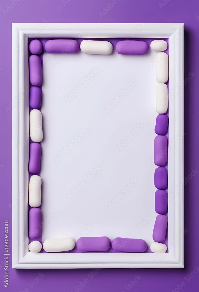 Poster a rectangular frame is filled with white and purple play dough, creating an eye-catching border agai