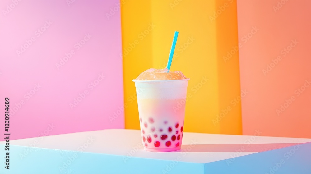 Poster a vibrant image of a refreshing glass of bubble tea with a colorful straw, featuring visible tapioca