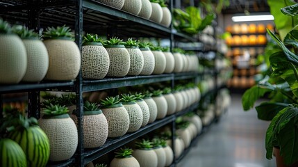 Fototapeta premium Succulents Planted In Melon Shaped Pots On Shelves