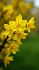 Yellow flowers blooming on a forsythia bush in early spring, spring, shrub flowers, greenery