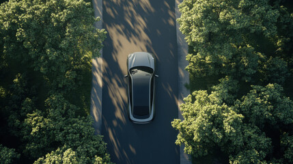 top down view of sleek car driving on tree lined road, surrounded by lush greenery, creating serene and peaceful atmosphere