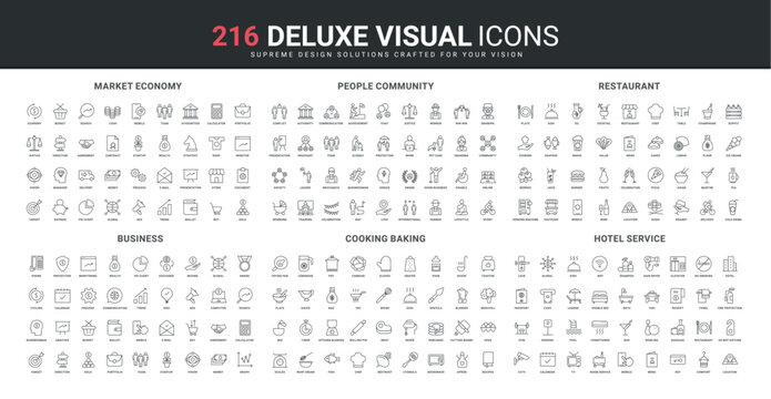 Hotel hospitality, community of people and family, cooking baking in kitchen of home, restaurant line icon set. social care and love, market economy thin black outline symbols vector illustration