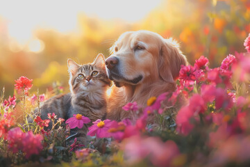Cat and dog playing together in a vibrant field filled with colorful flowers under a clear blue sky on a sunny day