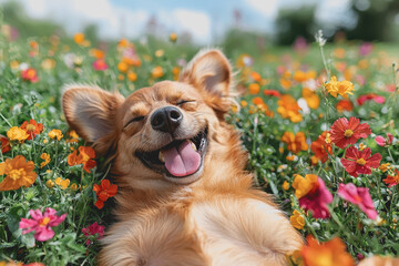 A dog peacefully resting in a vibrant field filled with colorful flowers under a clear blue sky during a sunny day in nature