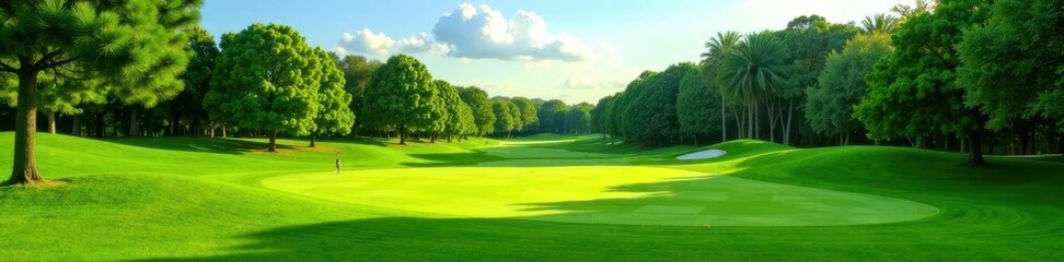 Obraz premium Lush green golf course fairway, perfectly manicured lawn , recreation, golf, texture
