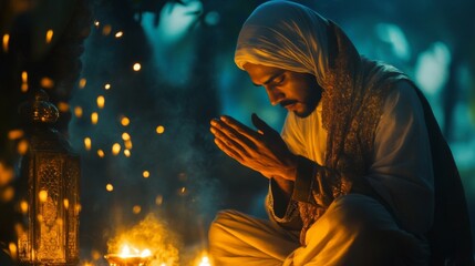 Man in White Robe Praying at Night by Firelight