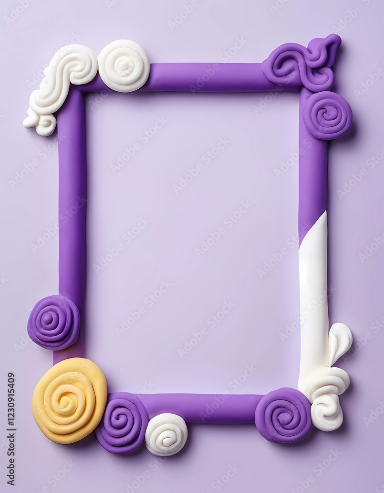 Poster a rectangular frame made of play dough features intricate swirls and shapes in white and purple colo