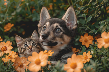 Two playful kittens exploring a vibrant field filled with colorful flowers under a bright blue sky during a sunny day