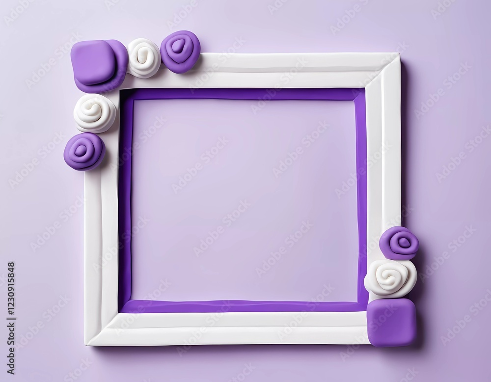Poster a rectangular frame made from play doh features a decorative white and purple design with playful sh