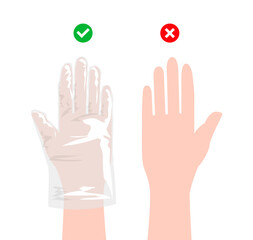 Hangs Right and wrong without wearing gloves cartoon Poly, CPE, TPE protective hand accessory clothing technical illustration garment. Vector for Men, women, unisex style flat on white background