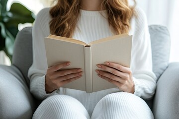 High Detail Visual of Closeup of a Woman Holding Book in Hands Sitting on Armchair