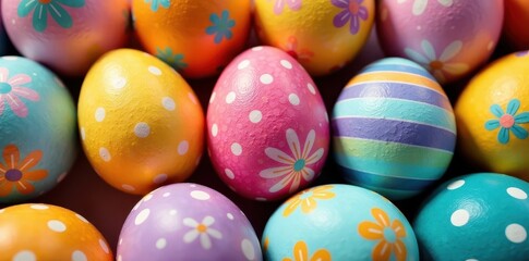 Naklejka premium Close-up of colorful Easter eggs, various patterns, speckled, festive