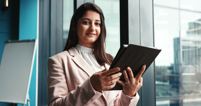 Portrait, business and woman on tablet in office of research, corporate planner and schedule conference. Female coordinator, digital and event pride of client feedback, guest list and program layout