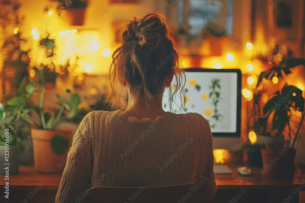 Poster woman sitting at a desk working on a computer with a notebook and pen in a modern office environment
