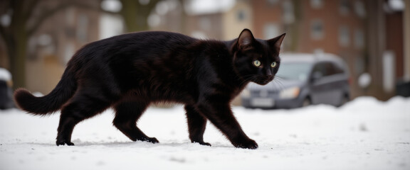 Black cat with a curious mood walking in the snow against an urban backdrop