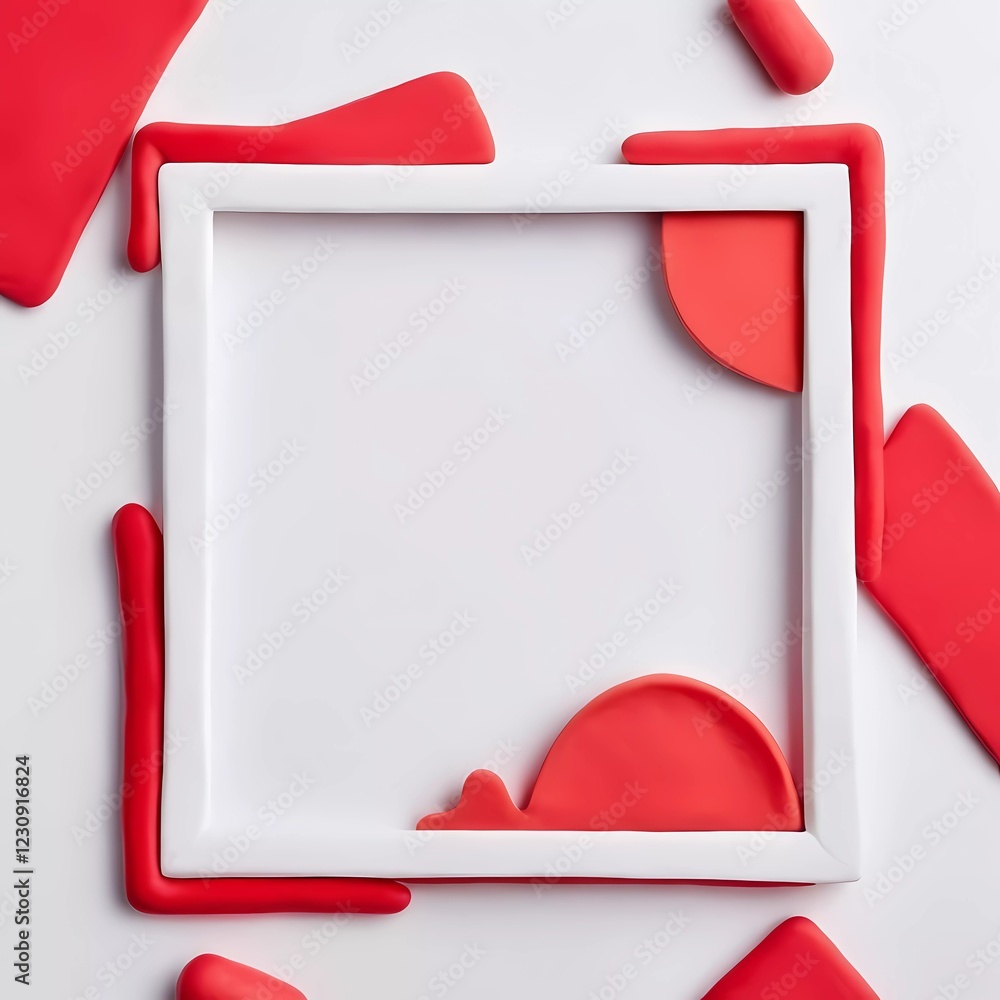 Poster bright red play doh surrounds a white frame, creating an abstract composition that emphasizes the em