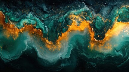 Abstract painting with flowing patterns of emerald and gold with dark background