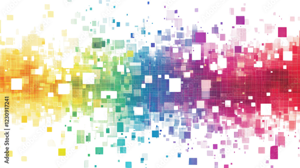 Poster rainbow colored pixelated squares floating on transparent background