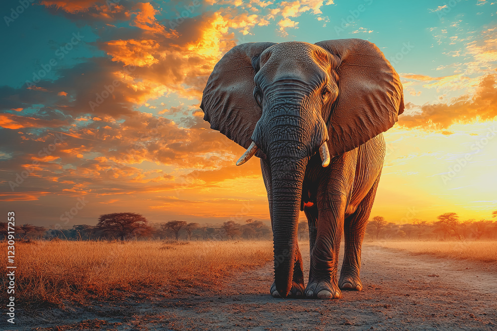 Aufkleber elephant standing in a green field under clear blue sky with grass and sparse trees in the backgroun