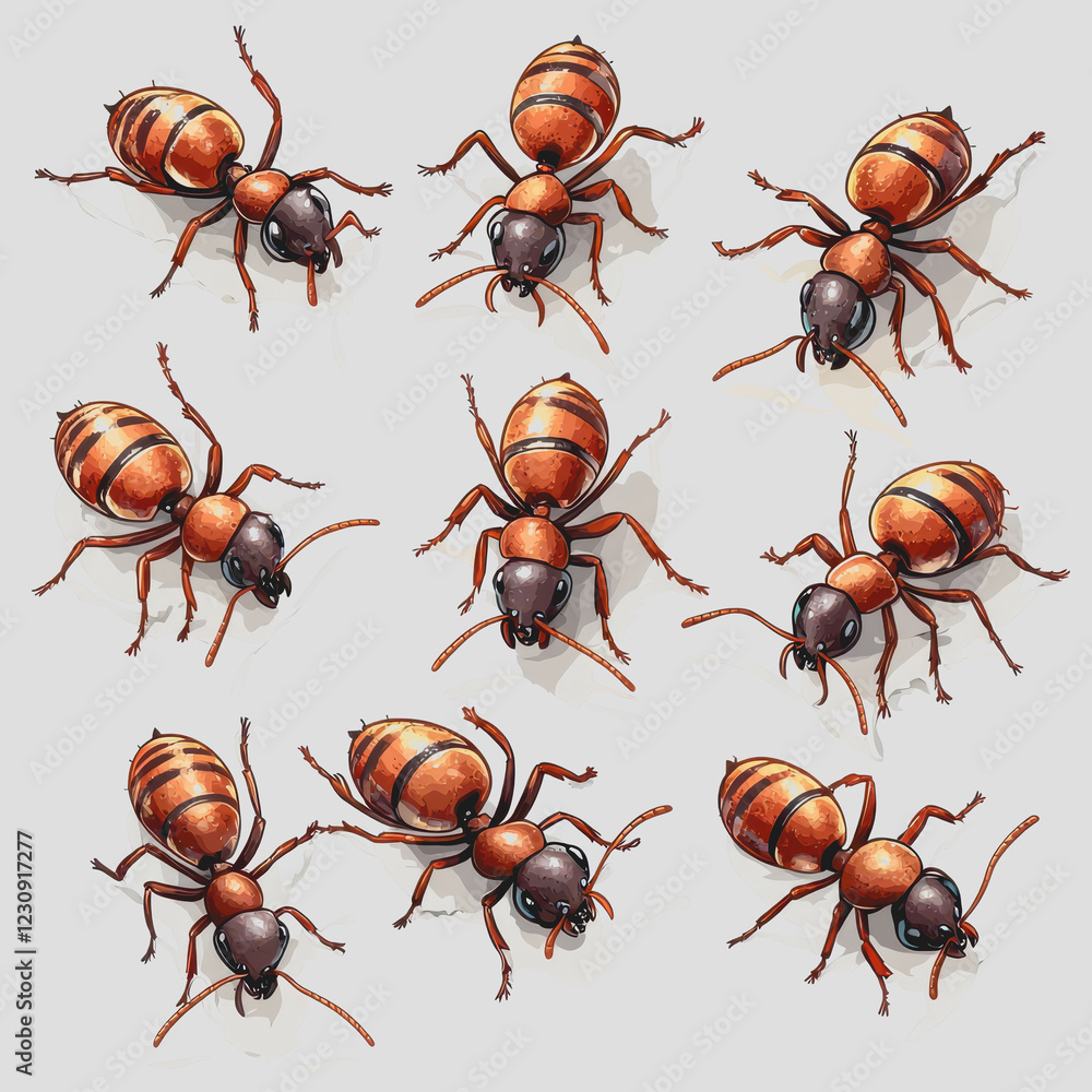 Poster a set of six colorful beetles displayed on a white background showcasing their distinct shapes and p