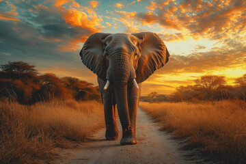 Fototapeta premium Elephant walking down a dirt road during sunset with vibrant sky and natural surroundings in landscape setting