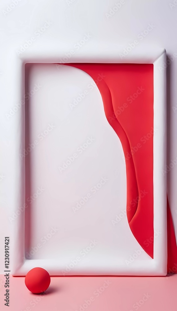 Poster an abstract composition features a white frame filled with red play doh, creating a striking contras