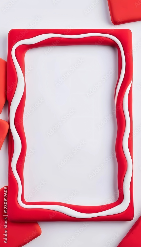 Poster bright abstract frame crafted with red and white play doh sits on a clean white surface. the empty c