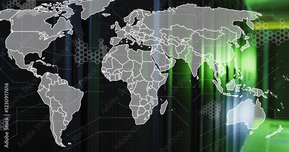  image of world map and digital data processing over computer servers