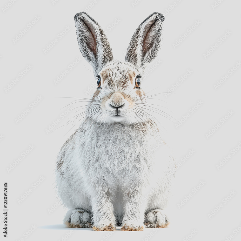 Poster white rabbit sitting on a smooth white surface with soft lighting creating a serene and minimalistic