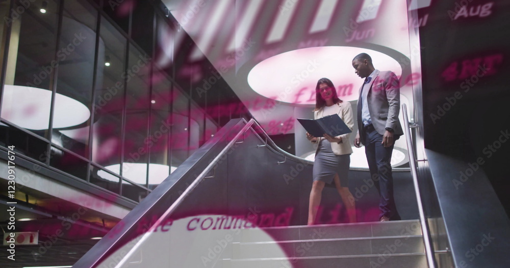 Poster image of financial data processing over diverse colleagues discussing work in office