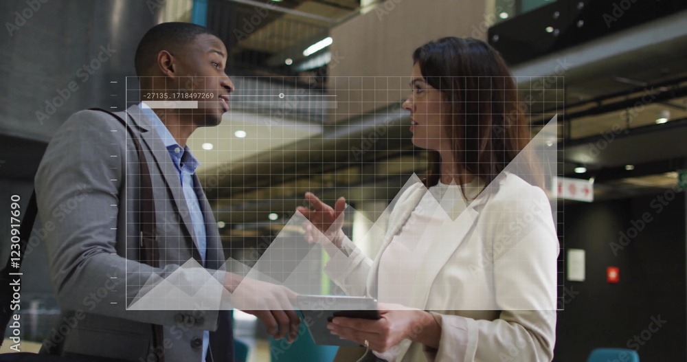 Poster image of data processing and diagrams over diverse colleagues discussing work in office