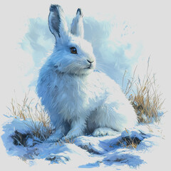 White rabbit sitting on snow-covered ground in winter landscape with soft snowflakes falling around it