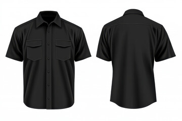 Black short sleeved work shirt with two front pockets, suitable for various professions. This versatile design offers comfort and functionality for daily wear
