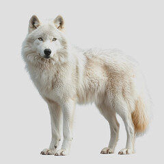 Fototapeta premium White wolf standing on a snowy surface in a natural setting with a clear blue sky during daylight showcasing wildlife and natures beauty