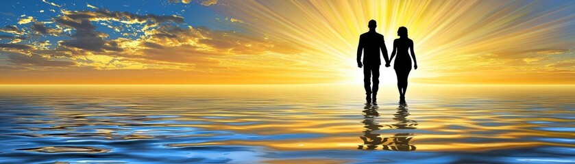 Couple walking towards sunset ocean, hope, love